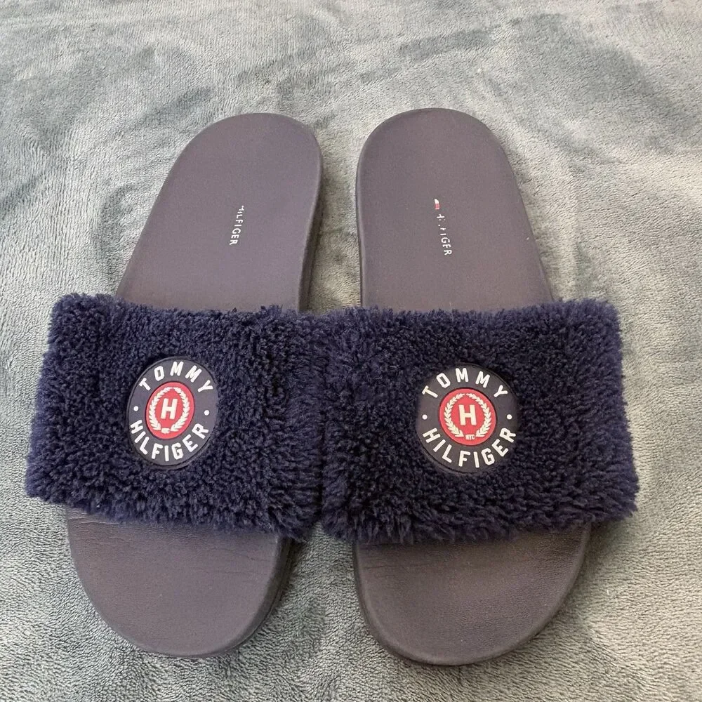 Tommy Hilfiger Women's Navy Blue Faux Fur Logo Slide Sandals US 6M Casual